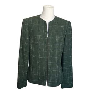 Kasper and Co Women's Green Tweed Full Zip Wool Blend Blazer Jacket Lined